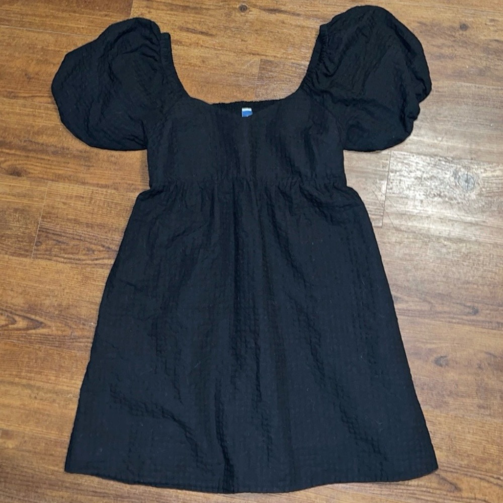 Old Navy Black Smocked Puff Sleeve Y2K Casual Chic Fit & Flare Mini Dress Size S - Picture 4 of 10